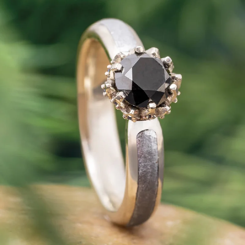 Meteorite Engagement Ring, Black Diamond with Sapphire Lotus Setting