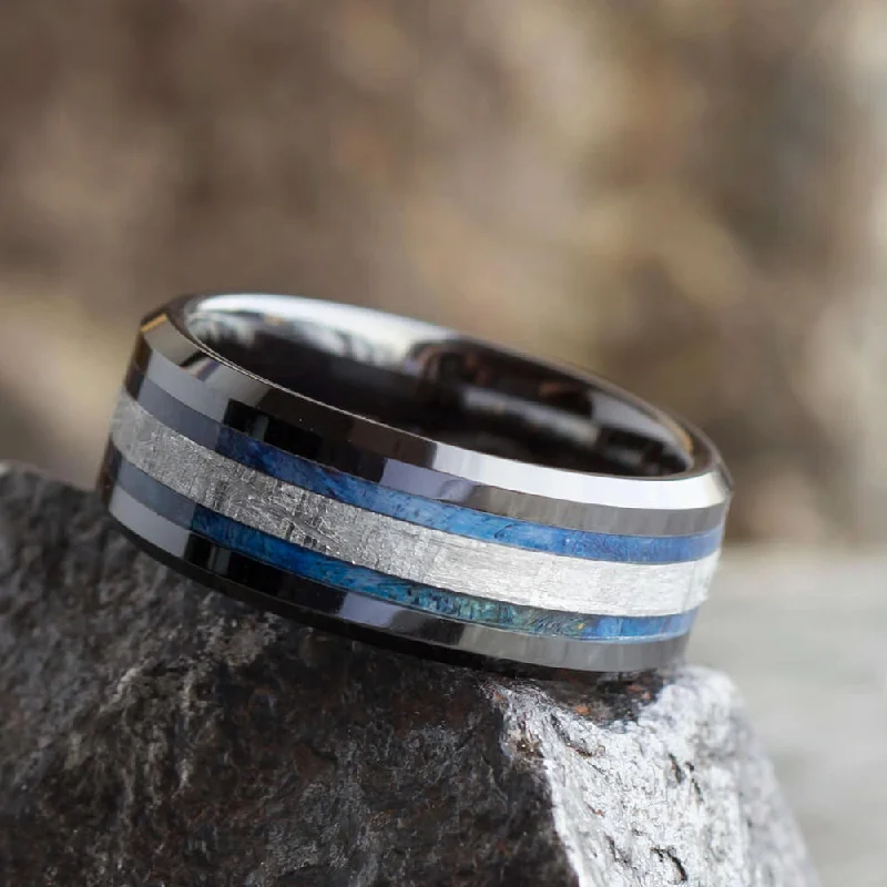 Meteorite & Blue Burl Wood Ring, Blue Wedding Band