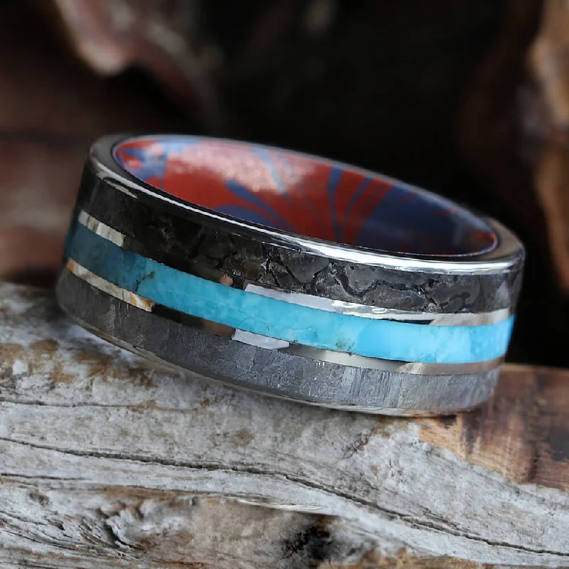 Meteorite, Dinosaur Bone & Turquoise Ring With Mokume