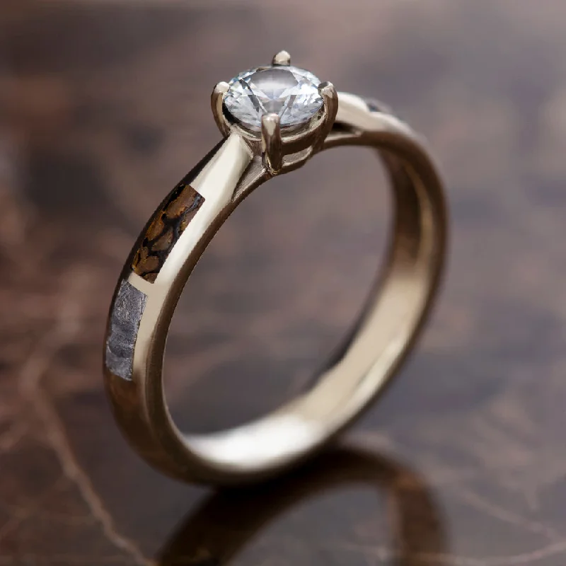 White Sapphire Engagement Ring with Meteorite in White Gold