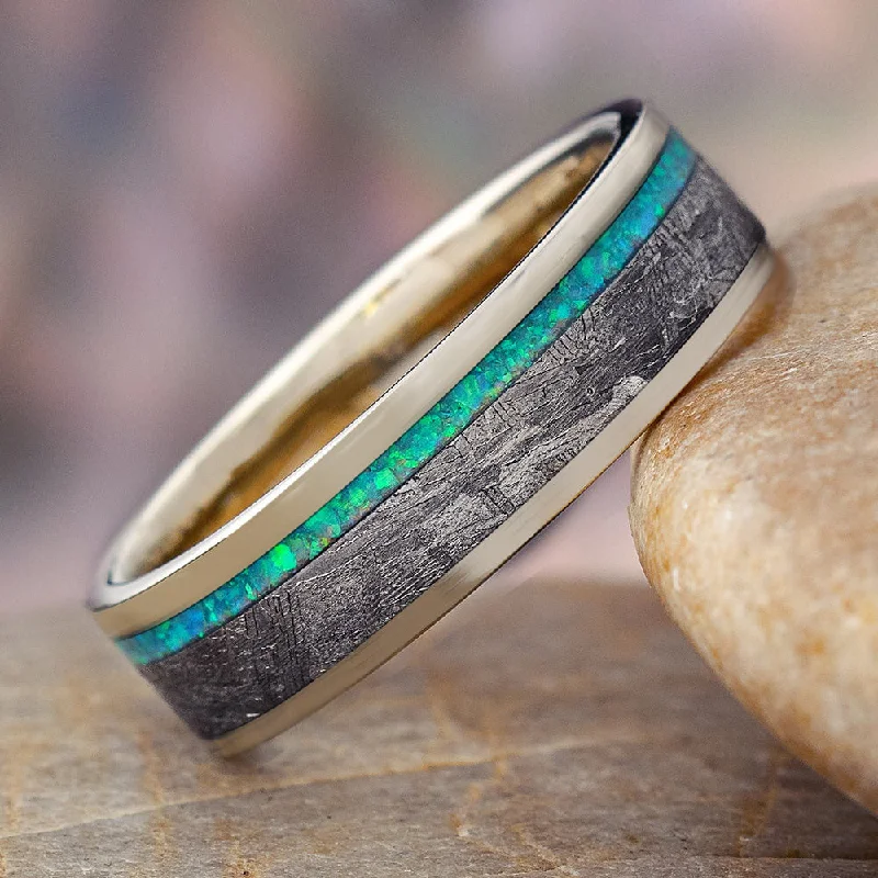 Blue Opal & Meteorite Men's Wedding Band