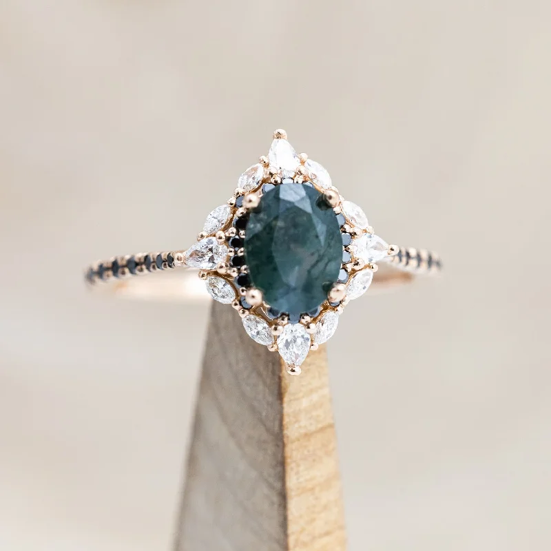 "NORTH STAR" - OVAL MOSS AGATE ENGAGEMENT RING WITH DIAMOND HALO & BLACK DIAMOND ACCENTS