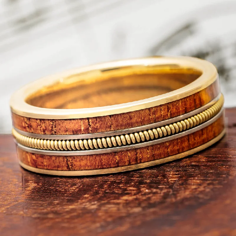 Guitar String Ring, Koa Wood Band With Solid Gold Sleeve