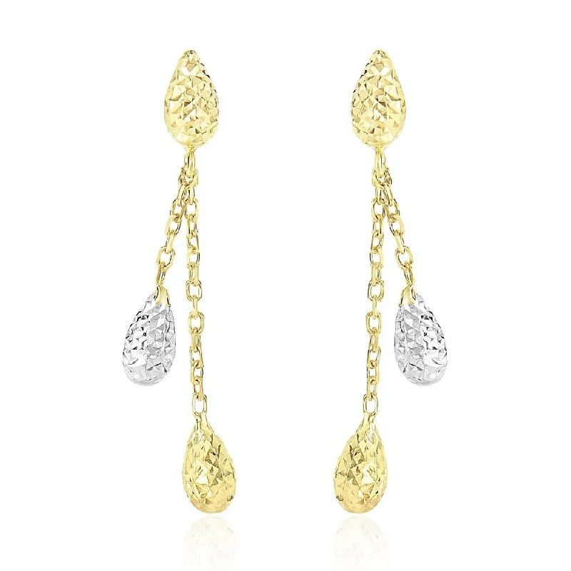 14k Two-Tone Gold Double Row Chain Earrings with Diamond Cut Teardrops