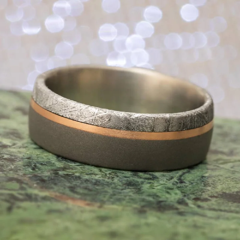 Meteorite & Sandblasted Titanium Ring With Gold Pinstripe