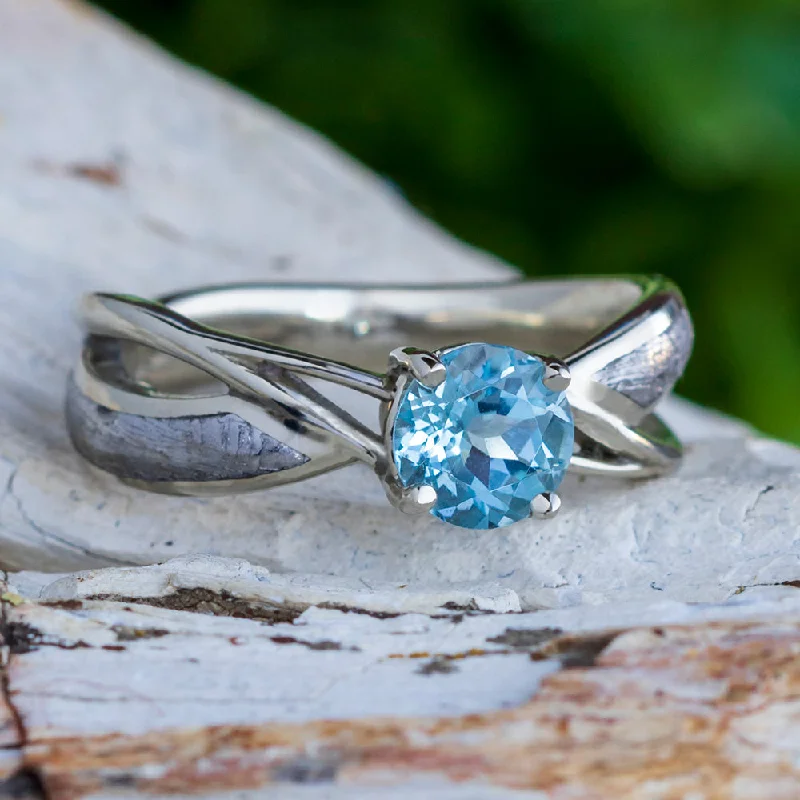 Sky Blue Topaz Solitaire Engagement Ring with Meteorite Inlays