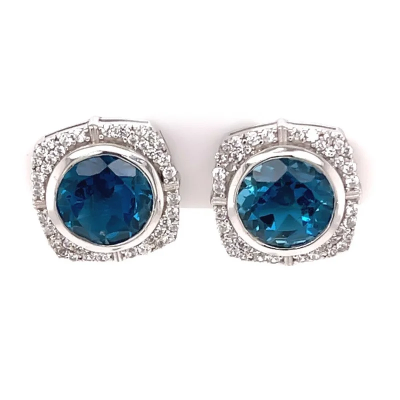 925 Sterling Silver London Blue Topaz and White Natural Zircon Stud Earrings