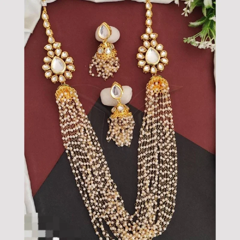 FS Collection Gold Plated Kundan Stone And Pearls Long Necklace Set