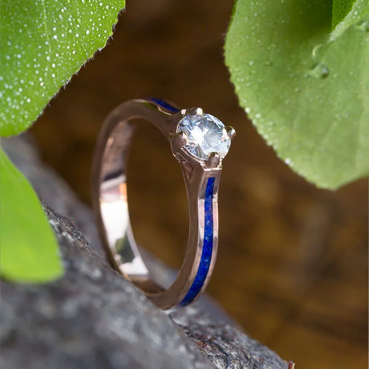 Lapis Engagement Ring with Compass-Set Moissanite