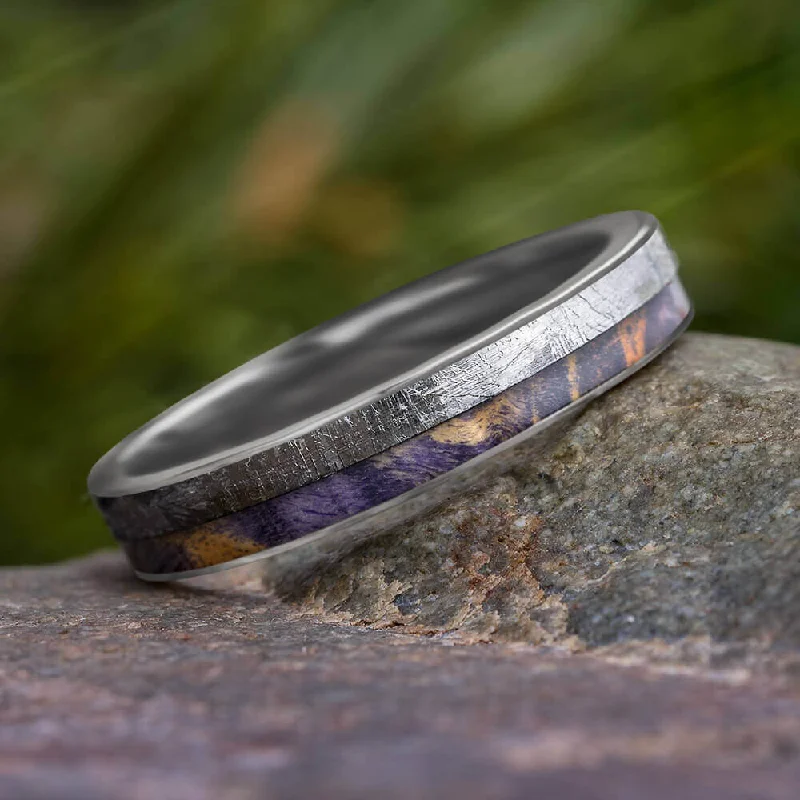 Purple Wedding Band With Wood & Meteorite