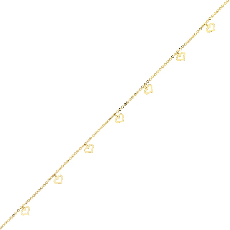 9ct Yellow Gold Silver Infused Floating Open Hearts 25cm Anklet