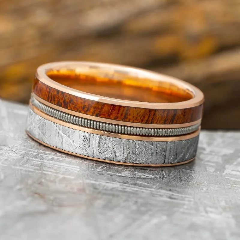 Guitar String Wedding Band With Wood & Meteorite