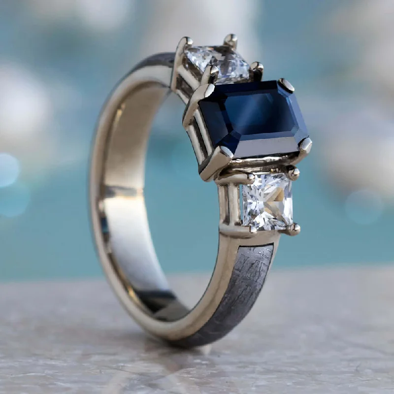 Blue and White Sapphire Three Stone Ring with Meteorite