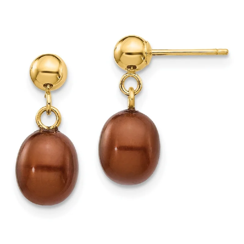 14k Yellow Gold 6-7mm Brown Pearl Dangle Earrings (L-14 mm, W-6.5 mm)