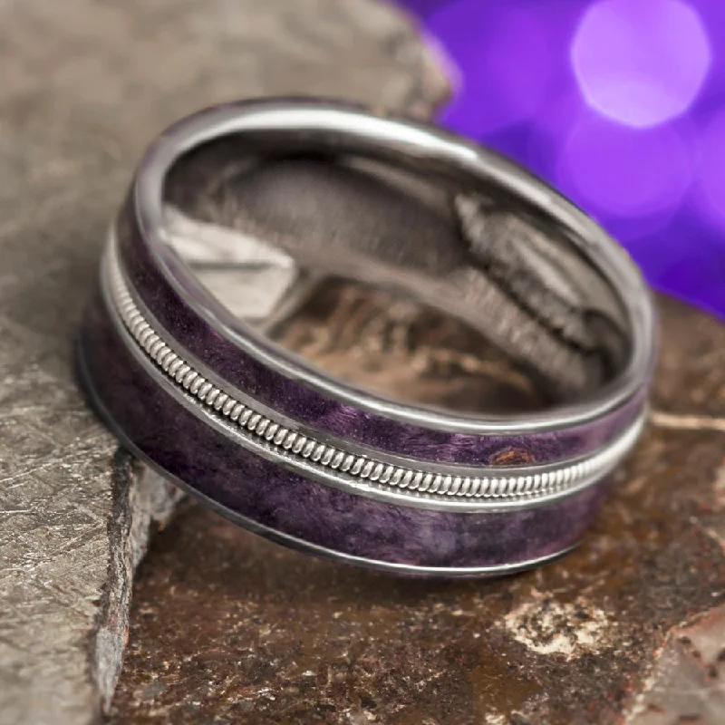 Guitar String Wedding Band With Purple Burl Wood