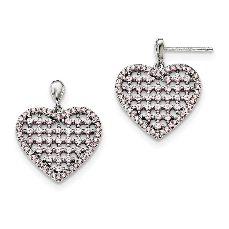 925 Sterling Silver Pink CZ and Brilliant Embers Heart Dangle Earrings