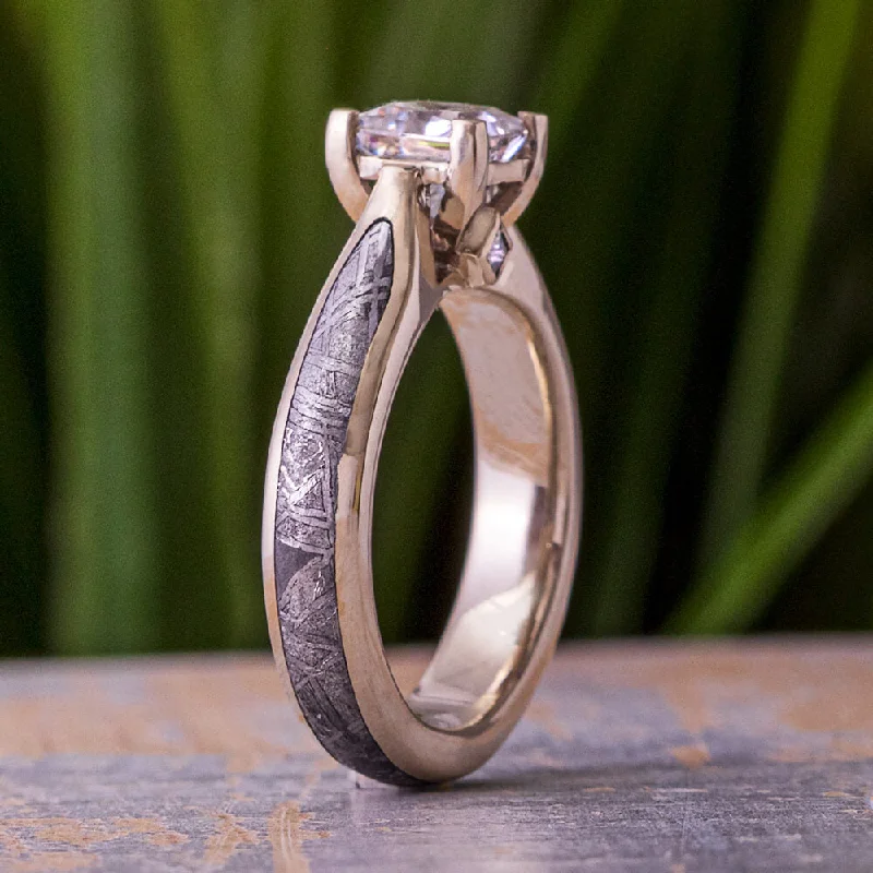 Brilliant Cut Moissanite and Meteorite Engagement Ring