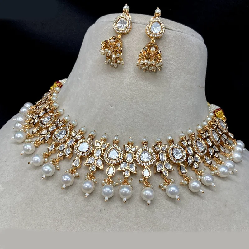 Royal Kundan Jewellery Gold Plated Polki Kundan And Pearls Choker Necklace Set