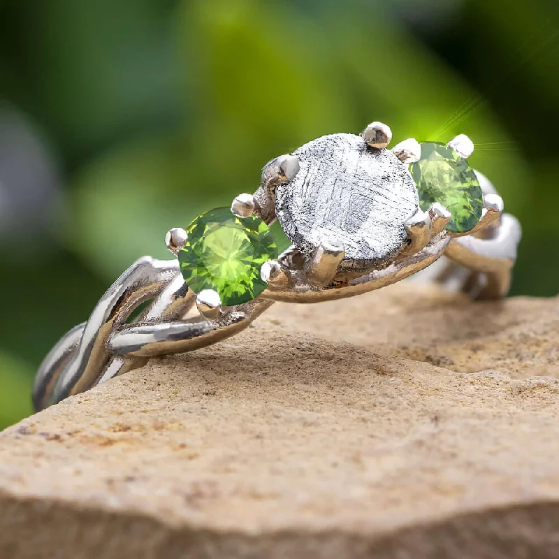 Meteorite Stone & Peridot Ring With Branch Style Band