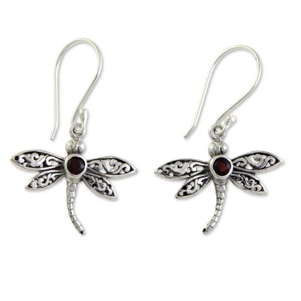 Handmade Sterling Silver 'Enchanted Dragonfly' Garnet Earrings (Indonesia)