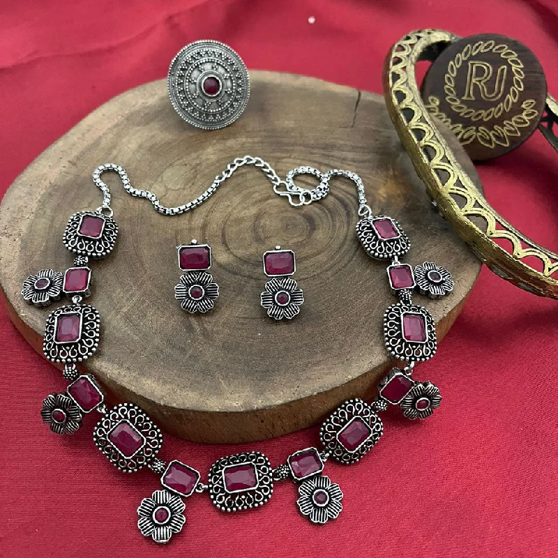 FS Collection Oxidised Plated Pota Stone Necklace Set