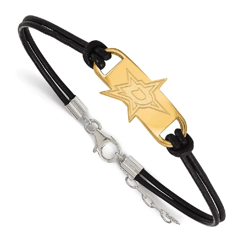 SS 14k Yellow Gold Plated & Leather NHL Dallas Stars Adj. Bracelet