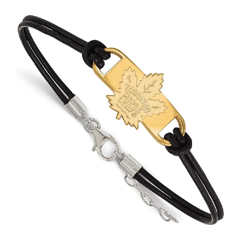 SS 14k Yellow Gold Plated & Leather NHL Maple Leafs Adj. Bracelet