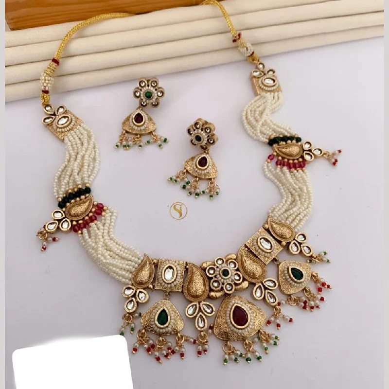 FS Collection Gold Plated Pota Stone And Pearls Choker Meenakari  Necklace Set