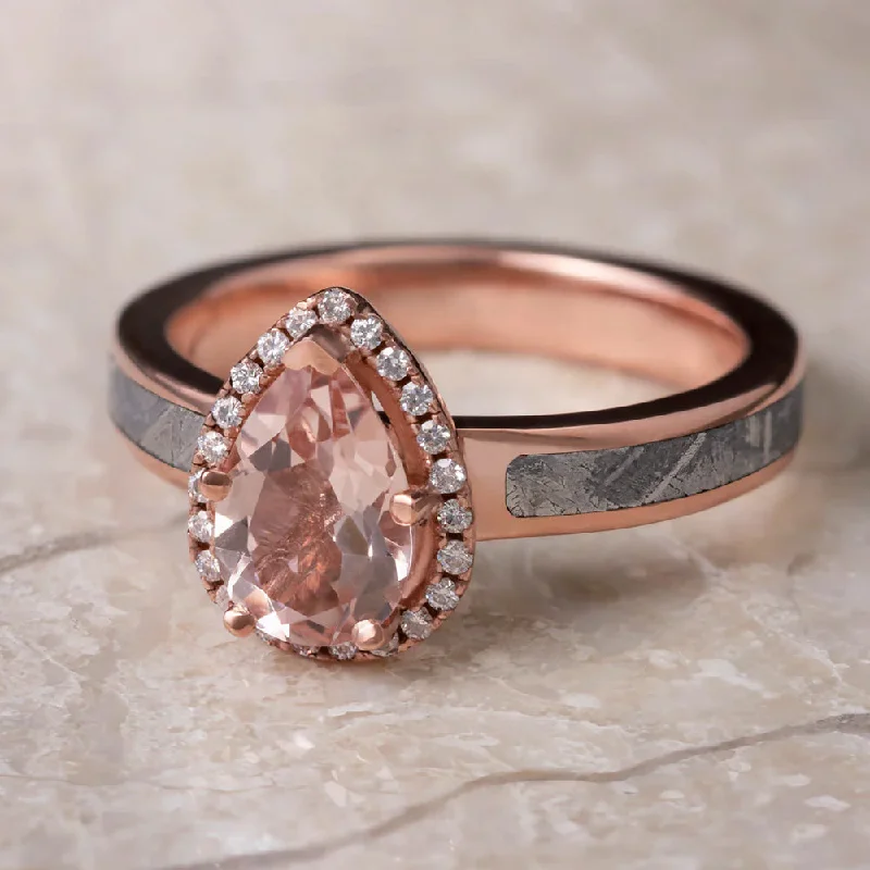 Pear-Cut Morganite Halo Engagement Ring with Meteorite