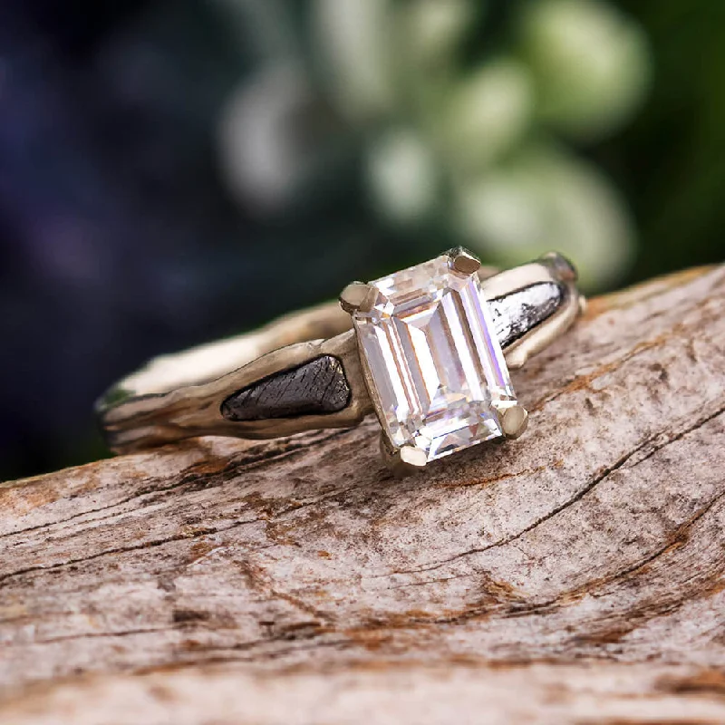 Meteorite Engagement Ring with Emerald Cut Moissanite