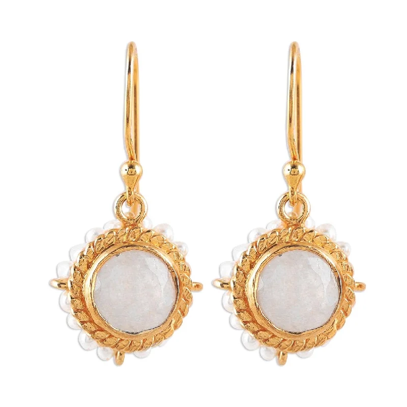 NOVICA White Harmony, Gold plated rainbow moonstone and cultured pearl dangle earrings - 1.1*0.5