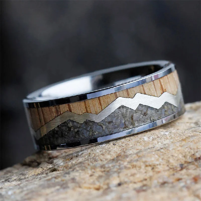 Crushed Dinosaur Bone & Oak Wood Mountain Design Ring