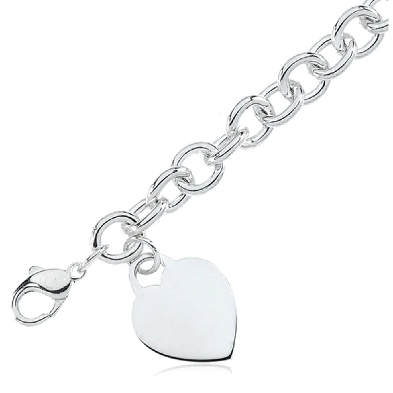 Sterling Silver Solid Cable & Heart Bracelet, 7.5 Inch