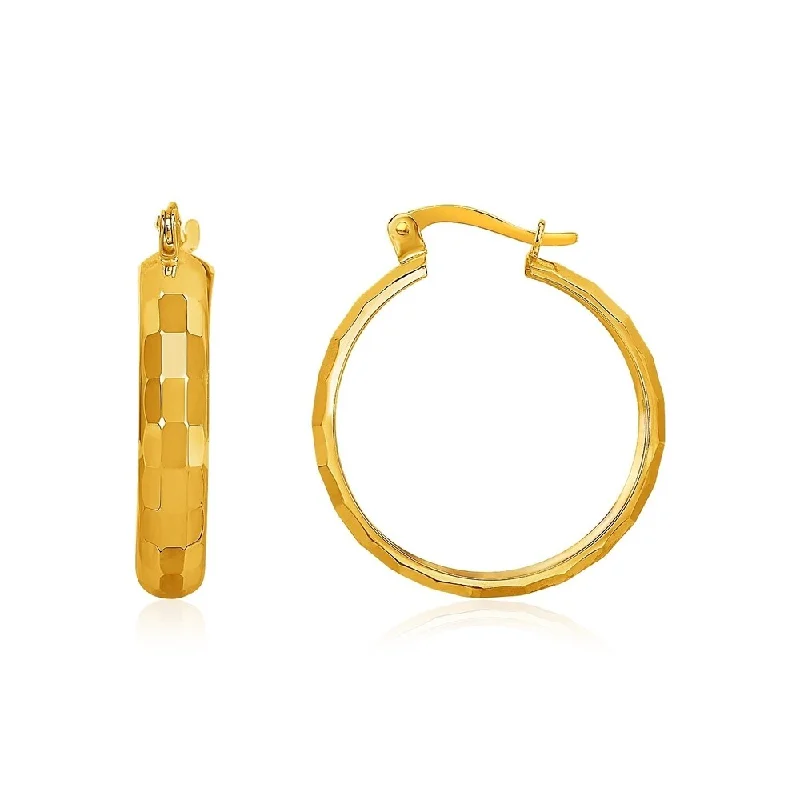 14k Yellow Gold Geometric Textured Hoop Style Earrings