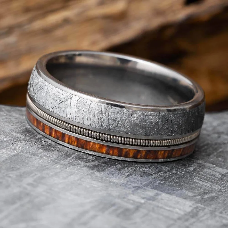 Meteorite & Guitar String Ring With Wood