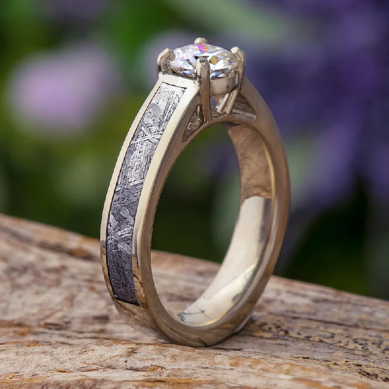 Meteorite & Moissanite Cathedral Style Engagement Ring