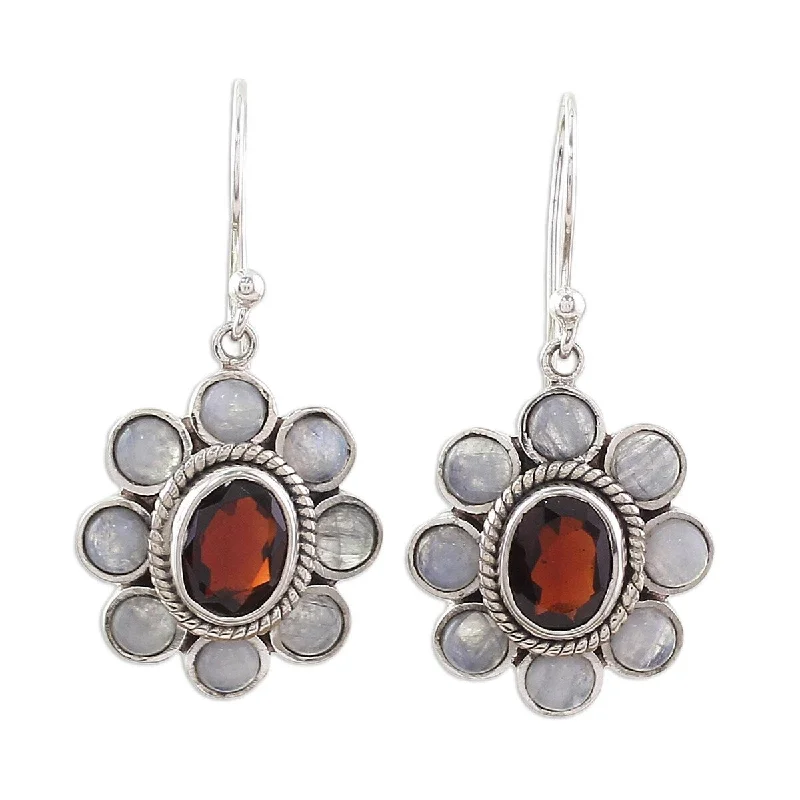 NOVICA Pure Radiance, Rainbow moonstone and garnet dangle earrings - 1.5*0.7