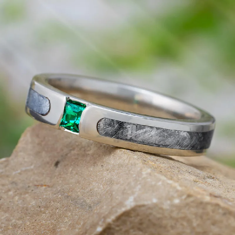 Gold Engagement Ring with Meteorite and Princess Cut Emerald