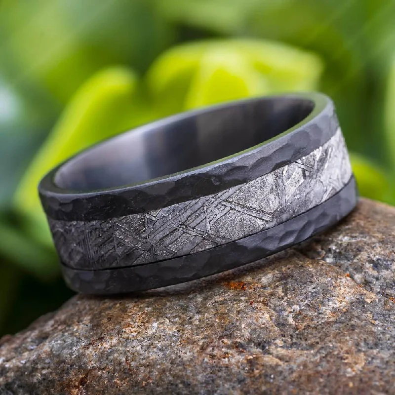 Hammered Zirconium & Meteorite Men's Wedding Band