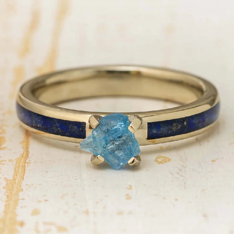 Rough Aquamarine Engagement Ring with Lapis Lazuli