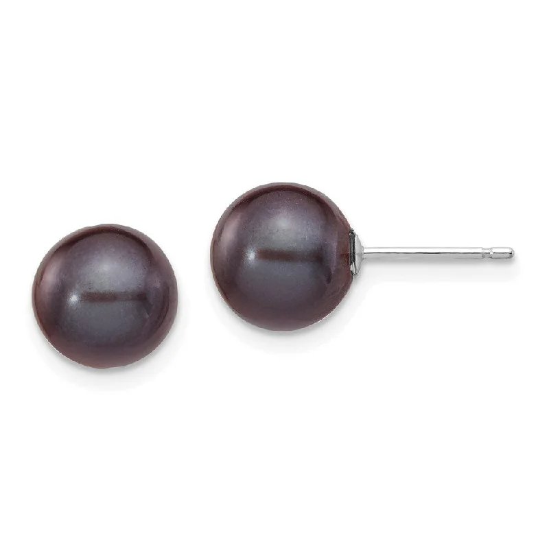 14k White Gold Black Round Cultured Pearl Stud Earrings (L-8 mm, W-9 mm)