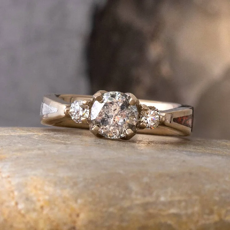 Salt & Pepper Diamond Engagement Ring with Dinosaur Bone & Meteorite