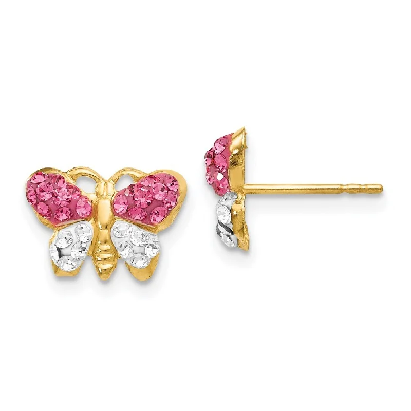 14k Yellow Gold Pink White Crystal Butterfly Stud Earrings (L-7 mm, W-11 mm)