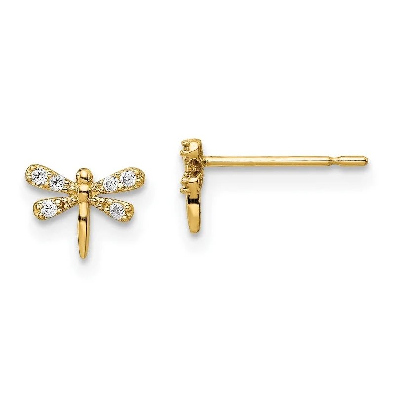 Curata 14k Yellow Gold CZ Cubic Zirconia Dragonfly Post Earrings - 11.7mm long