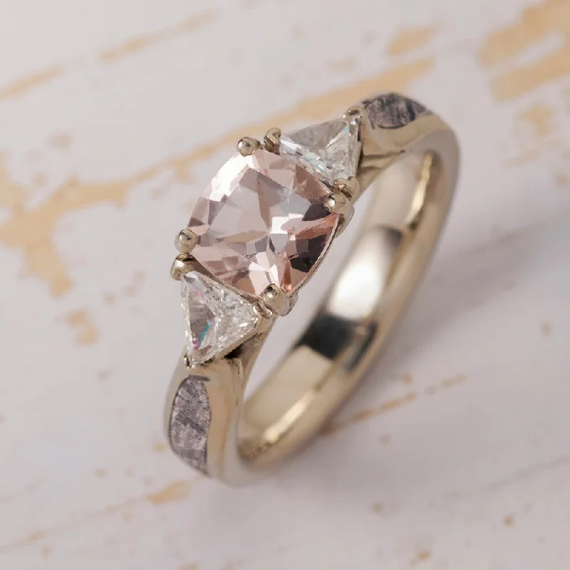 Antique Square Cut Morganite Engagement Ring with Meteorite Ring