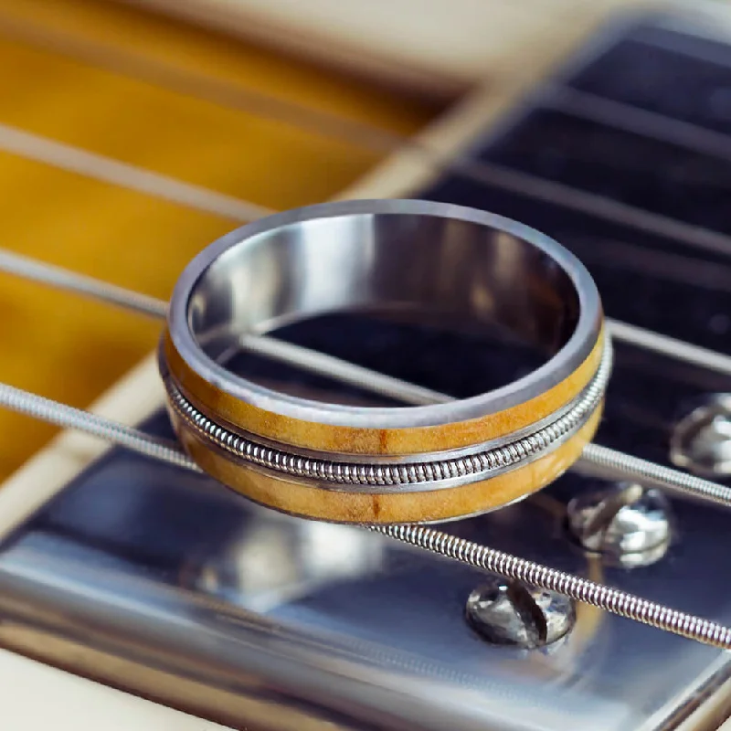 Guitar String Ring, Rowan Wood Wedding Band Made With Titanium