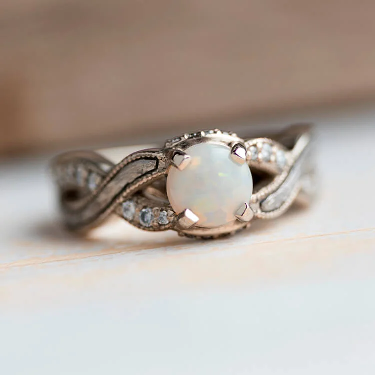 Opal Engagement Ring With Twist Band Featuring Diamond Accents And Meteorite Inlay