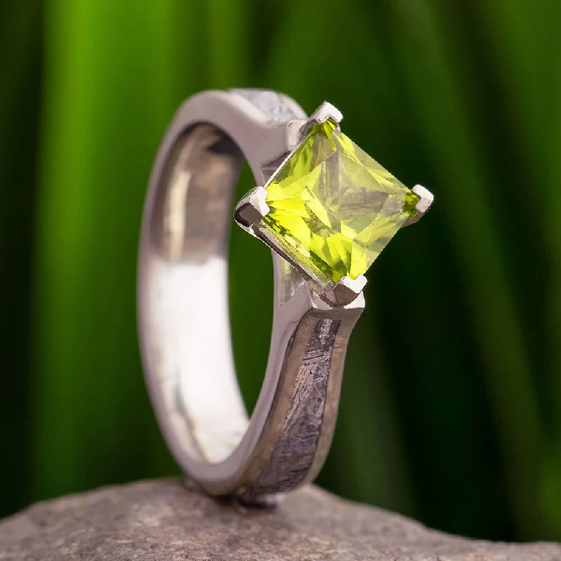 Princess-Cut Peridot & Meteorite Engagement Ring