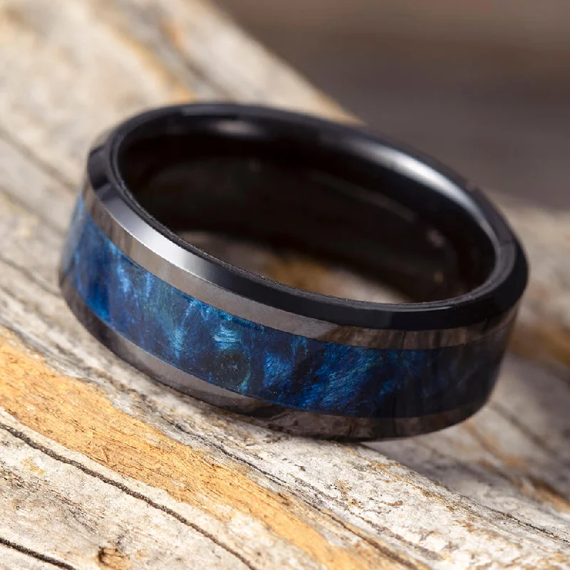 Blue Burl Wood Men's Ring in Black Ceramic