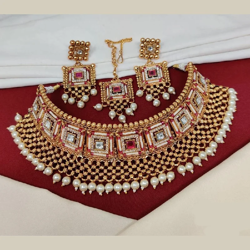 Manisha Jewellery Gold Plated Pota Stone And Pearls Choker Necklace Set